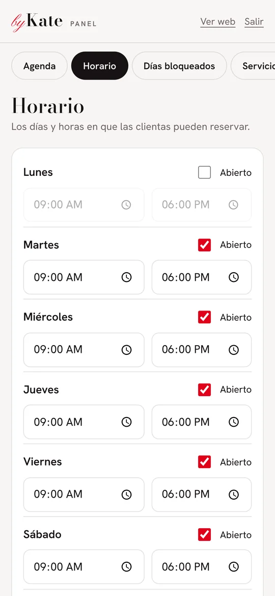 Horario semanal editable en el panel de By Kate