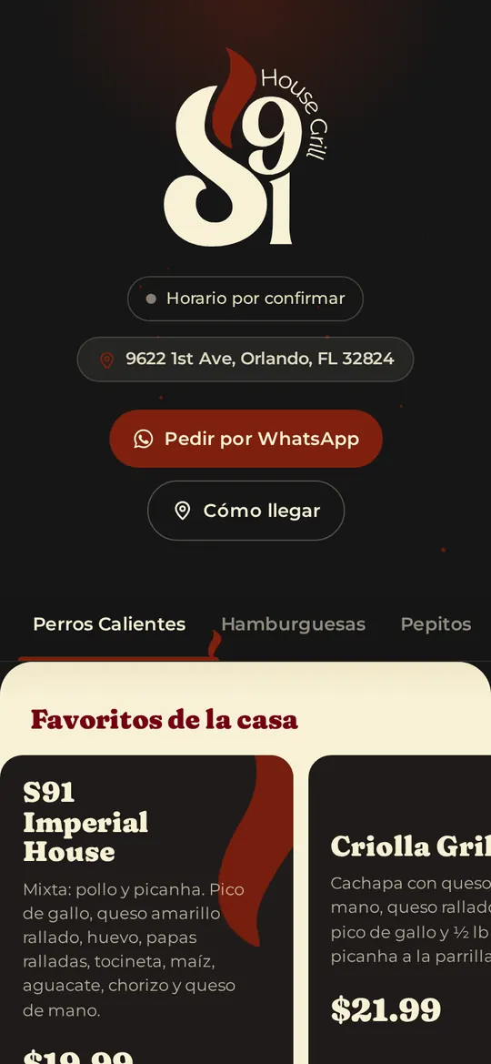 Inicio del menú de S91 House Grill con los favoritos de la casa