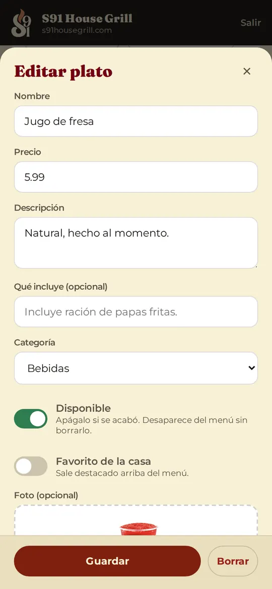 Edición de un plato desde el celular