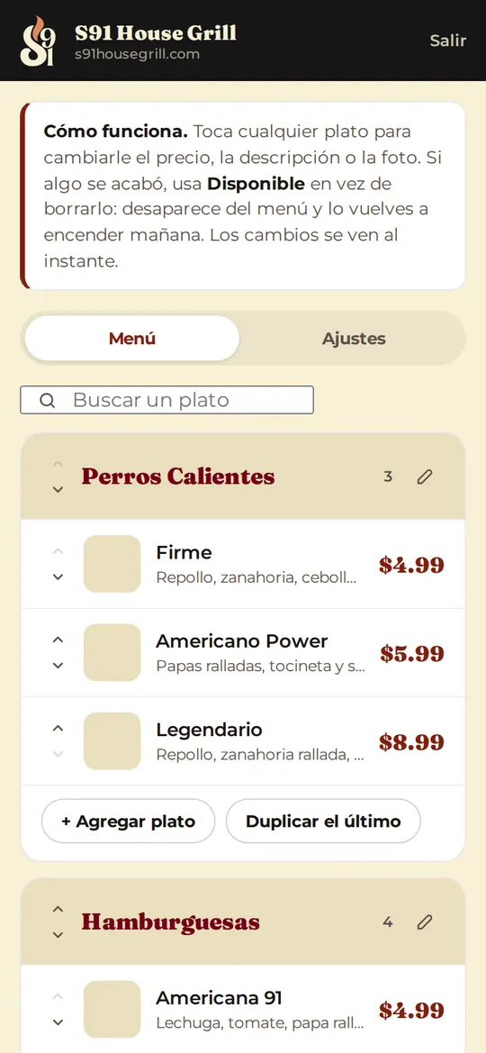 Panel de administración con categorías y platos